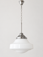 White bell glass chain pendant — chrome large off