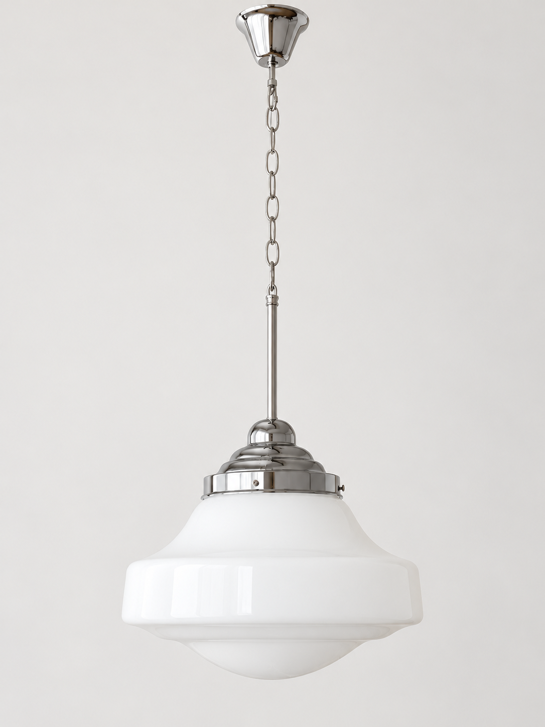 White bell glass chain pendant — chrome large off