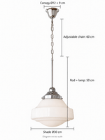 White bell glass chain pendant — chrome small dimensions