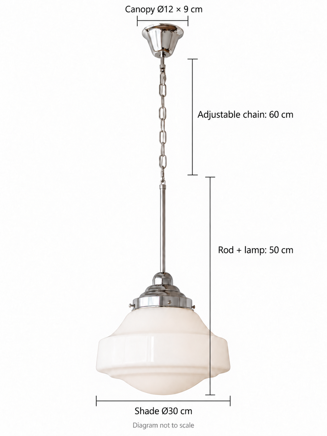 White bell glass chain pendant — chrome small dimensions