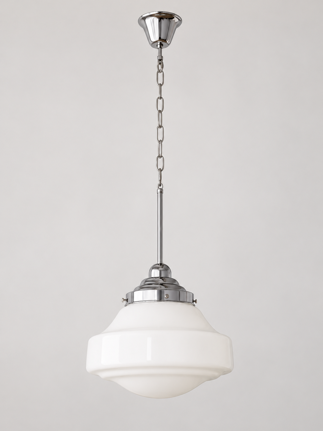 White bell glass chain pendant — chrome small off