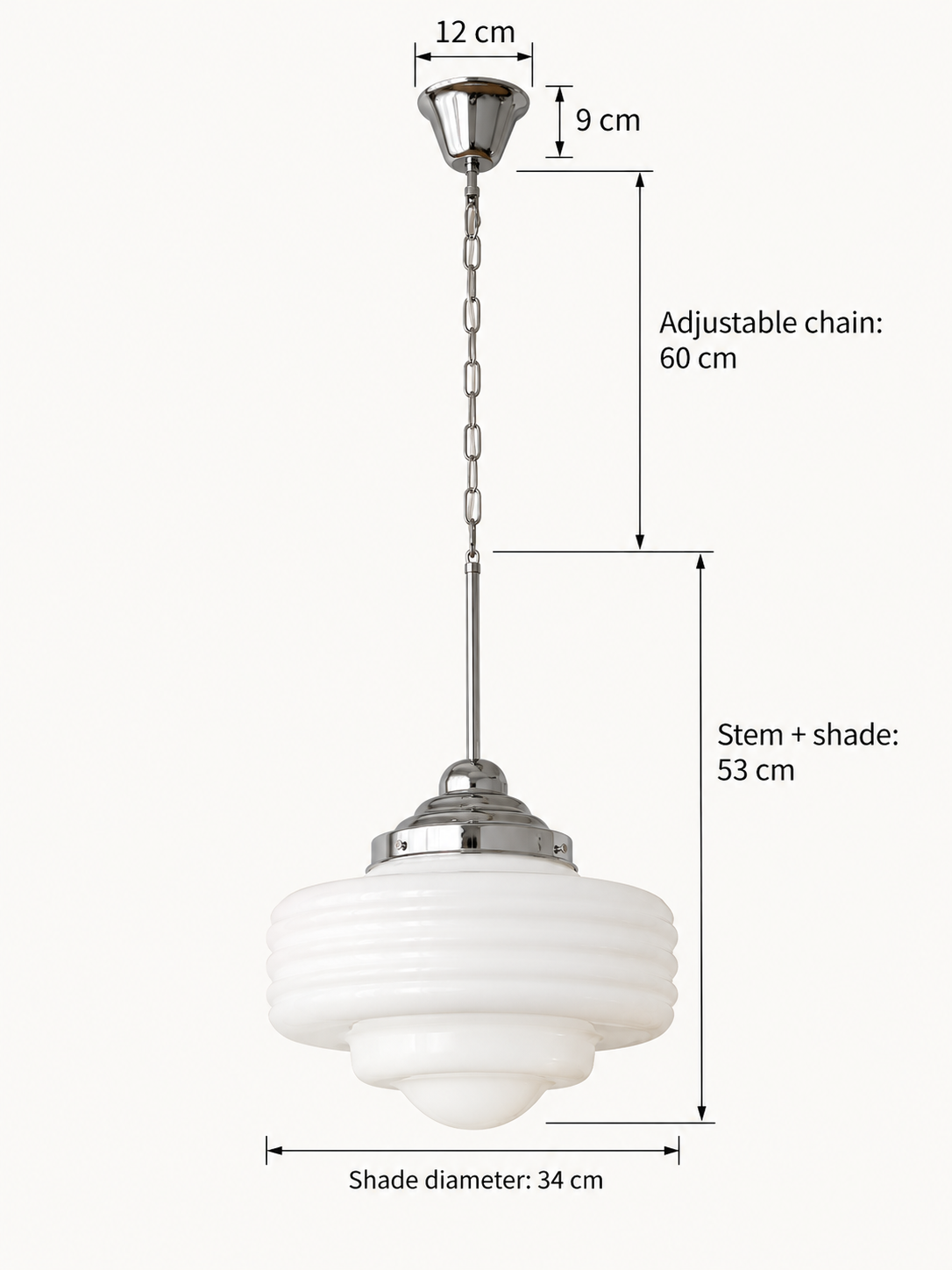 Stepped opal glass chain pendant — chrome dimensions