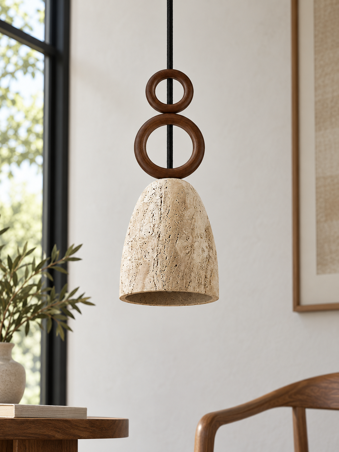 Travertine Bell Pendant with Twin Wood Rings — 01_standard