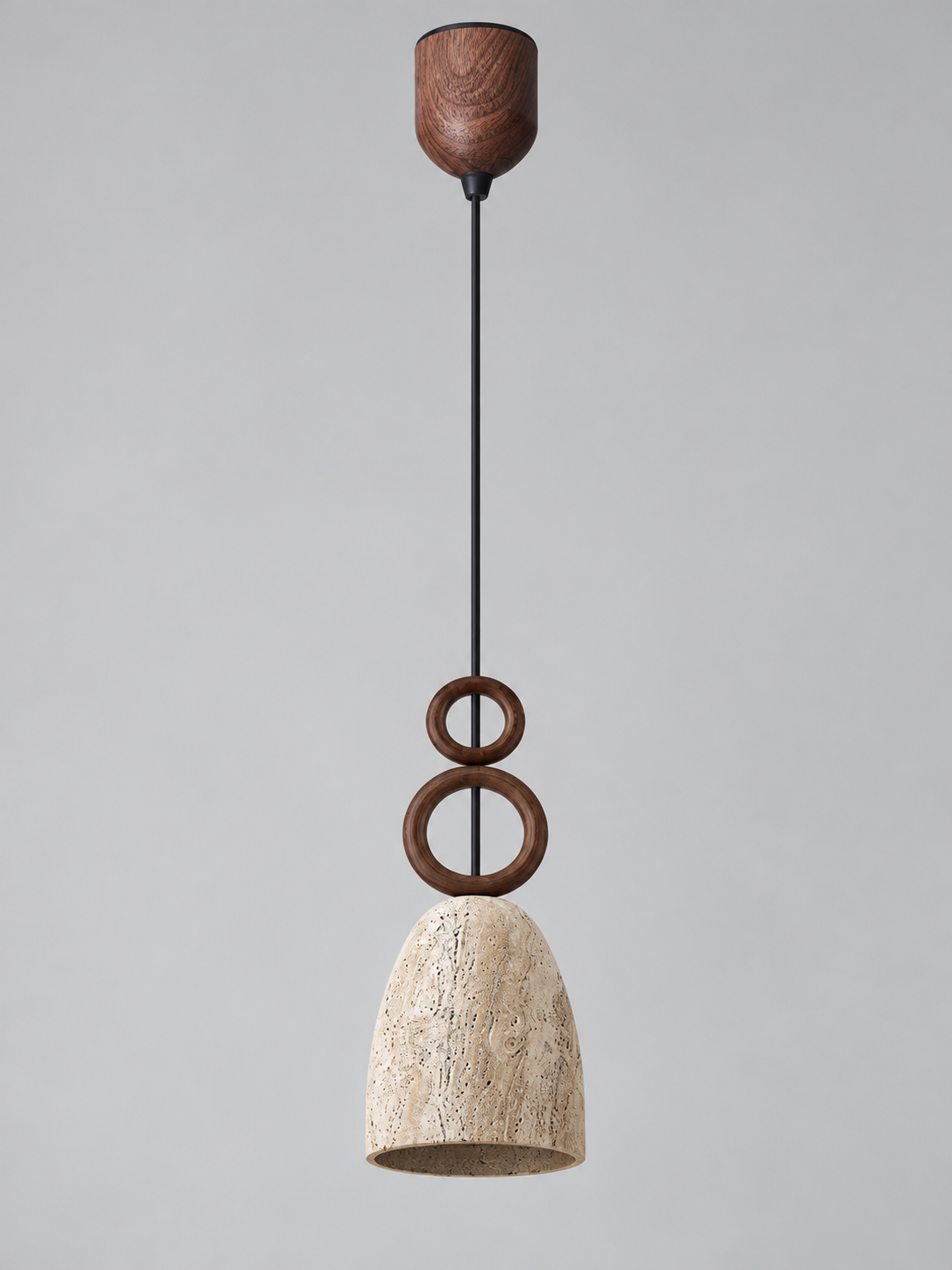 Travertine Bell Pendant with Twin Wood Rings — 03_adjustable
