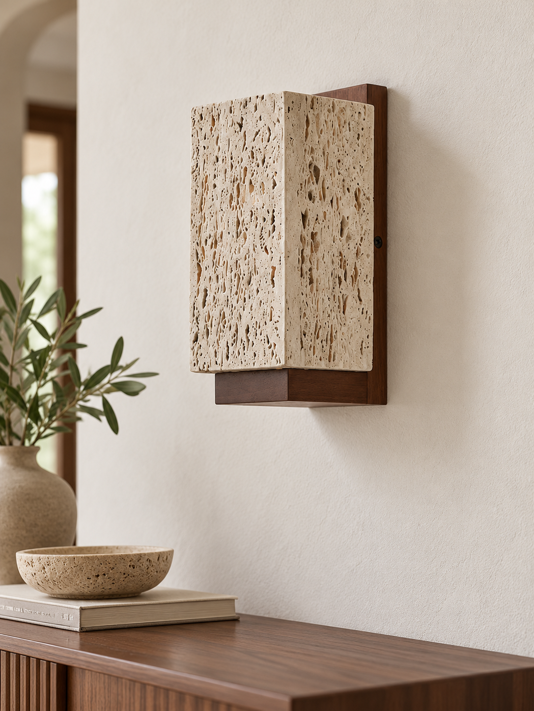 Perforated Travertine and Wood Wall Light — 01_hero