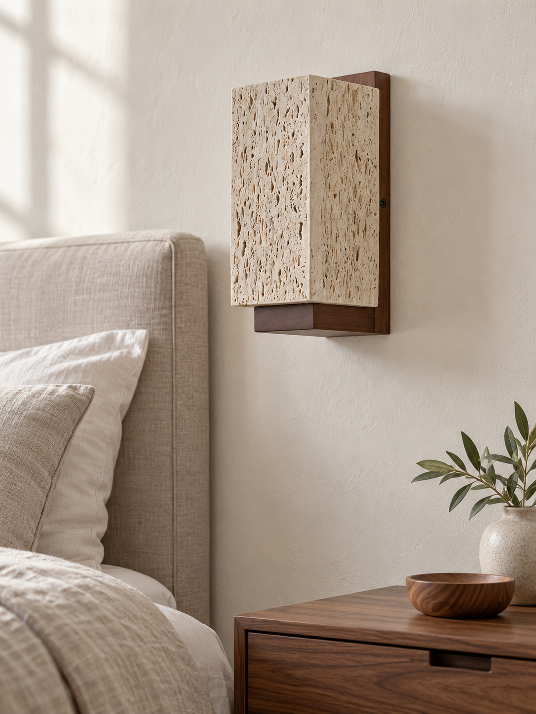 Perforated Travertine and Wood Wall Light — 04_bedroom