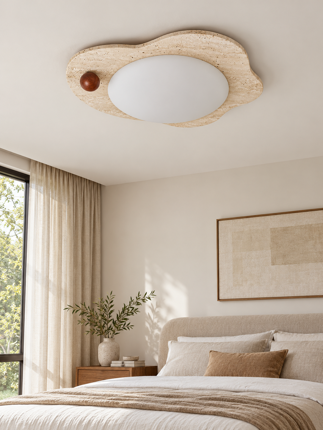 Organic Travertine LED Ceiling Light with Wood Sphere — product view