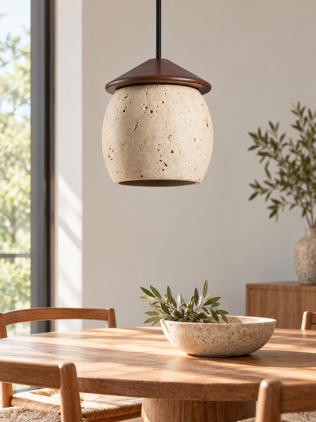 Travertine Acorn Pendant with Wood Cap — 01_hero