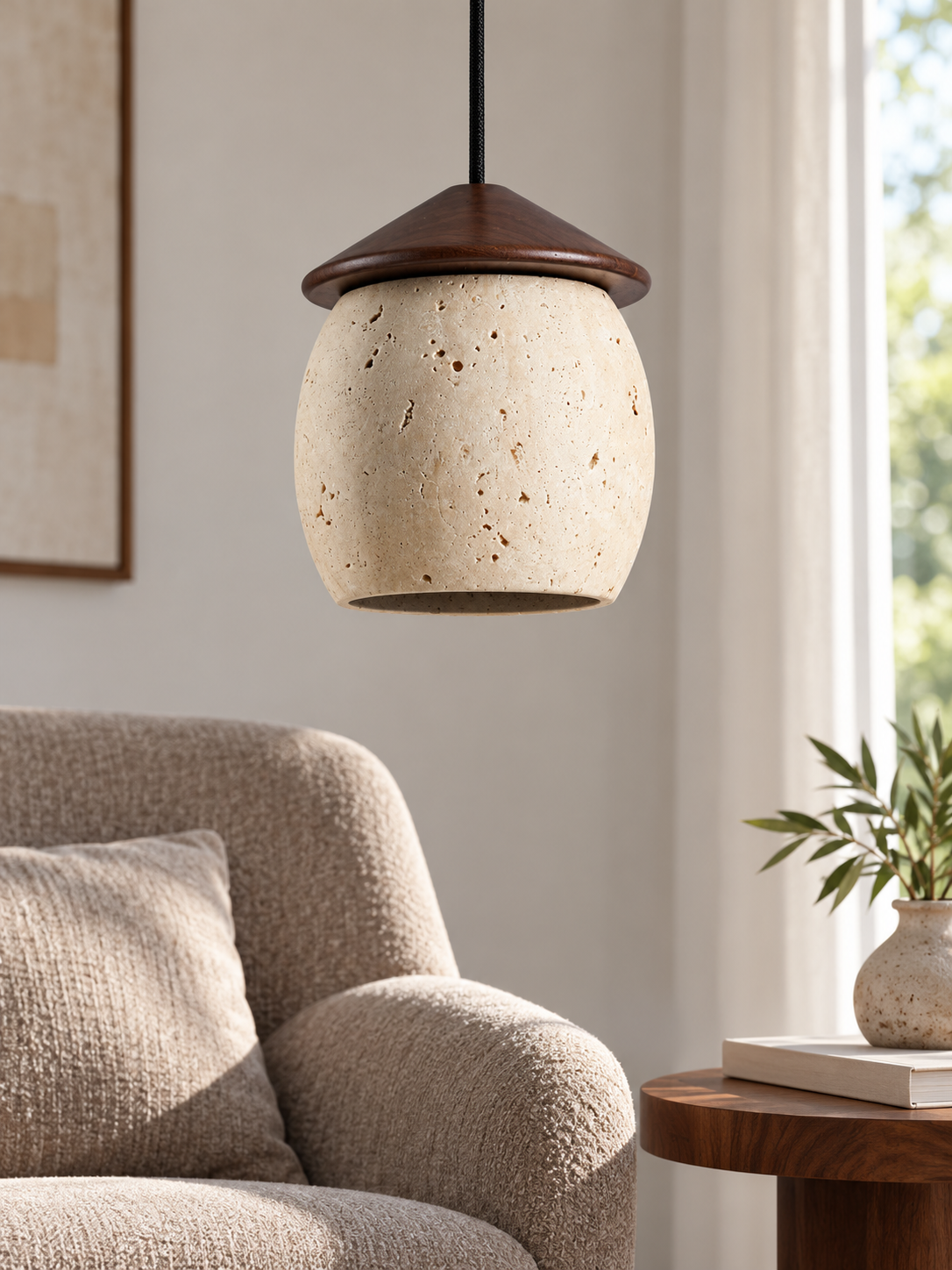 Travertine Acorn Pendant with Wood Cap — 05_lifestyle