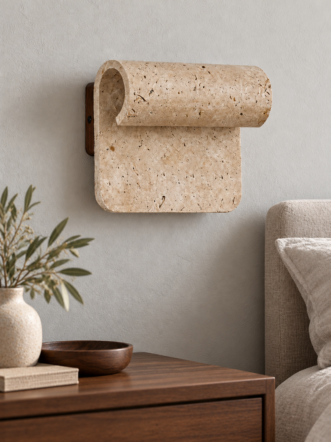 Rolled Travertine and Wood Wall Light — 04_bedside_v2