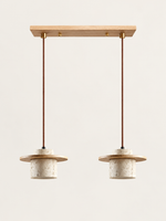 Travertine and wood pendant, natural wood tone, 2-light linear, fixture switched off