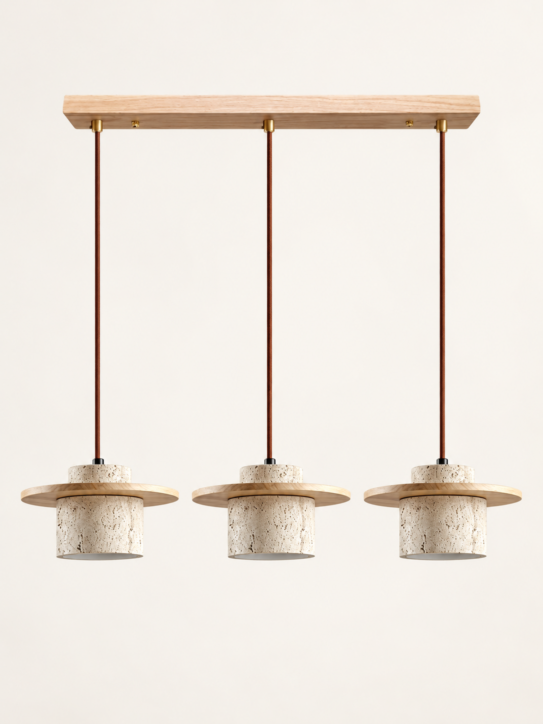 Travertine and wood pendant, natural wood tone, 3-light linear, fixture switched off