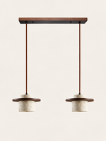 Travertine and wood pendant, dark walnut tone, 2-light linear, fixture switched off