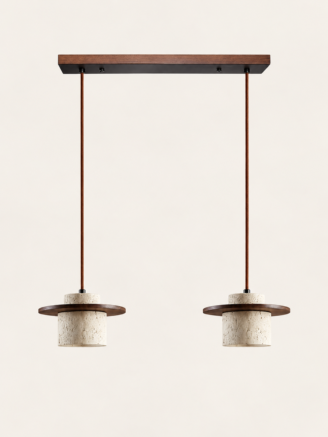 Travertine and wood pendant, dark walnut tone, 2-light linear, fixture switched off