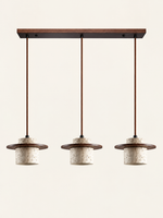 Travertine and wood pendant, dark walnut tone, 3-light linear, fixture switched off