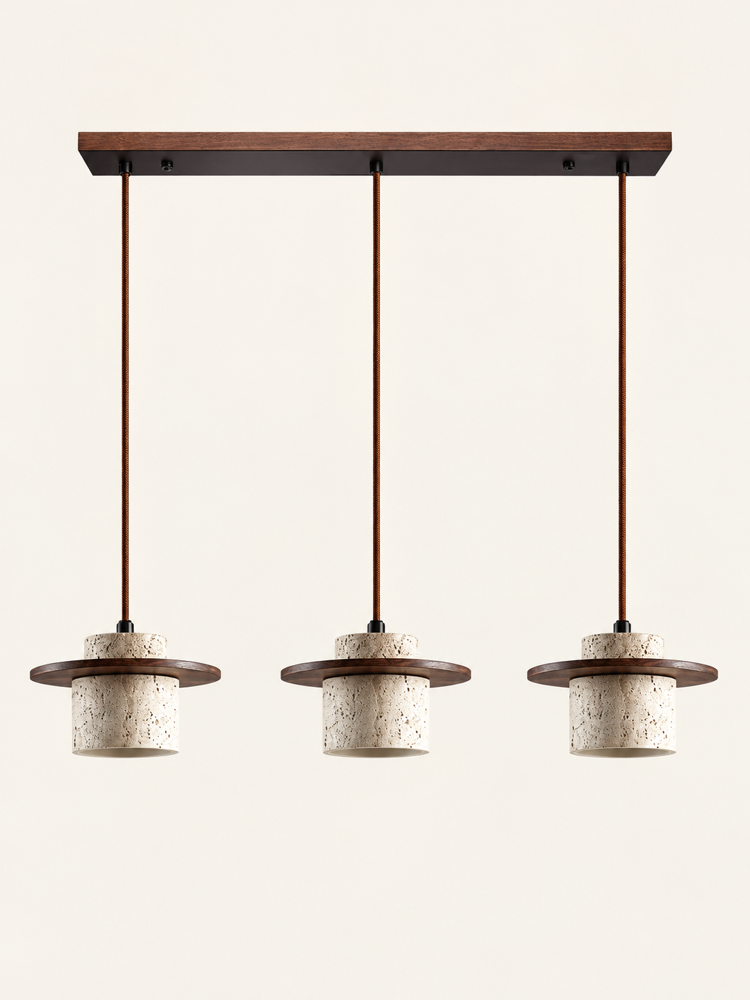 Travertine and wood pendant, dark walnut tone, 3-light linear, fixture switched off