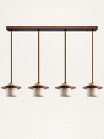 Travertine and wood pendant, dark walnut tone, 4-light linear, fixture switched off