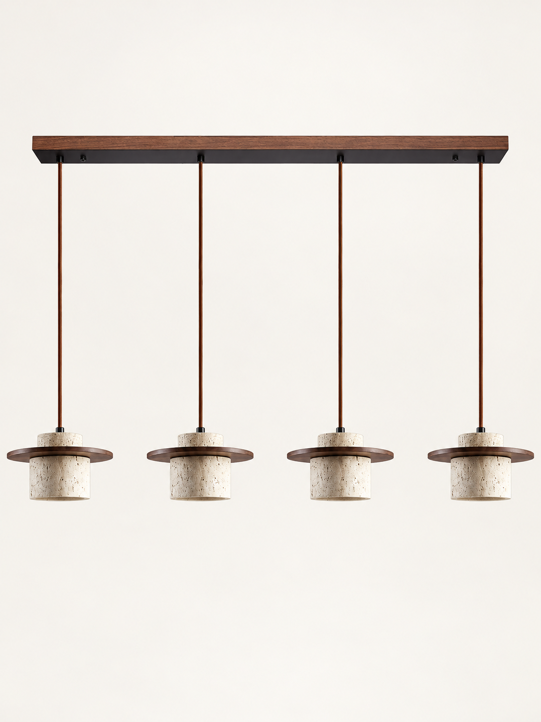 Travertine and wood pendant, dark walnut tone, 4-light linear, fixture switched off