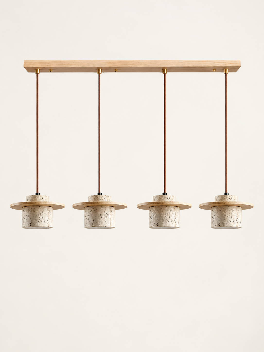 Travertine and wood pendant, natural wood tone, 4-light linear, fixture switched off