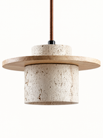 Travertine and wood pendant, natural wood tone, single stone-cylinder shade with a flat wood disc and cord, fixture switched off
