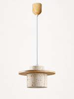 Travertine and wood pendant, natural wood tone, single stone-cylinder shade with a flat wood disc and adjustable-lift ceiling housing, fixture switched off