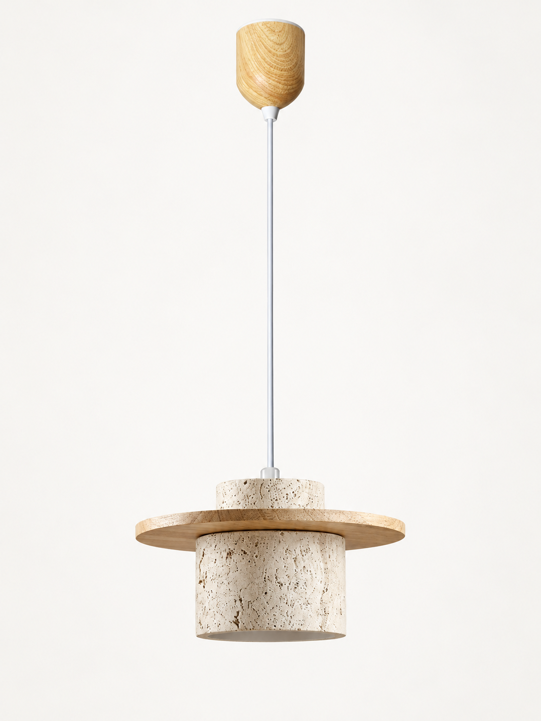 Travertine and wood pendant, natural wood tone, single stone-cylinder shade with a flat wood disc and adjustable-lift ceiling housing, fixture switched off