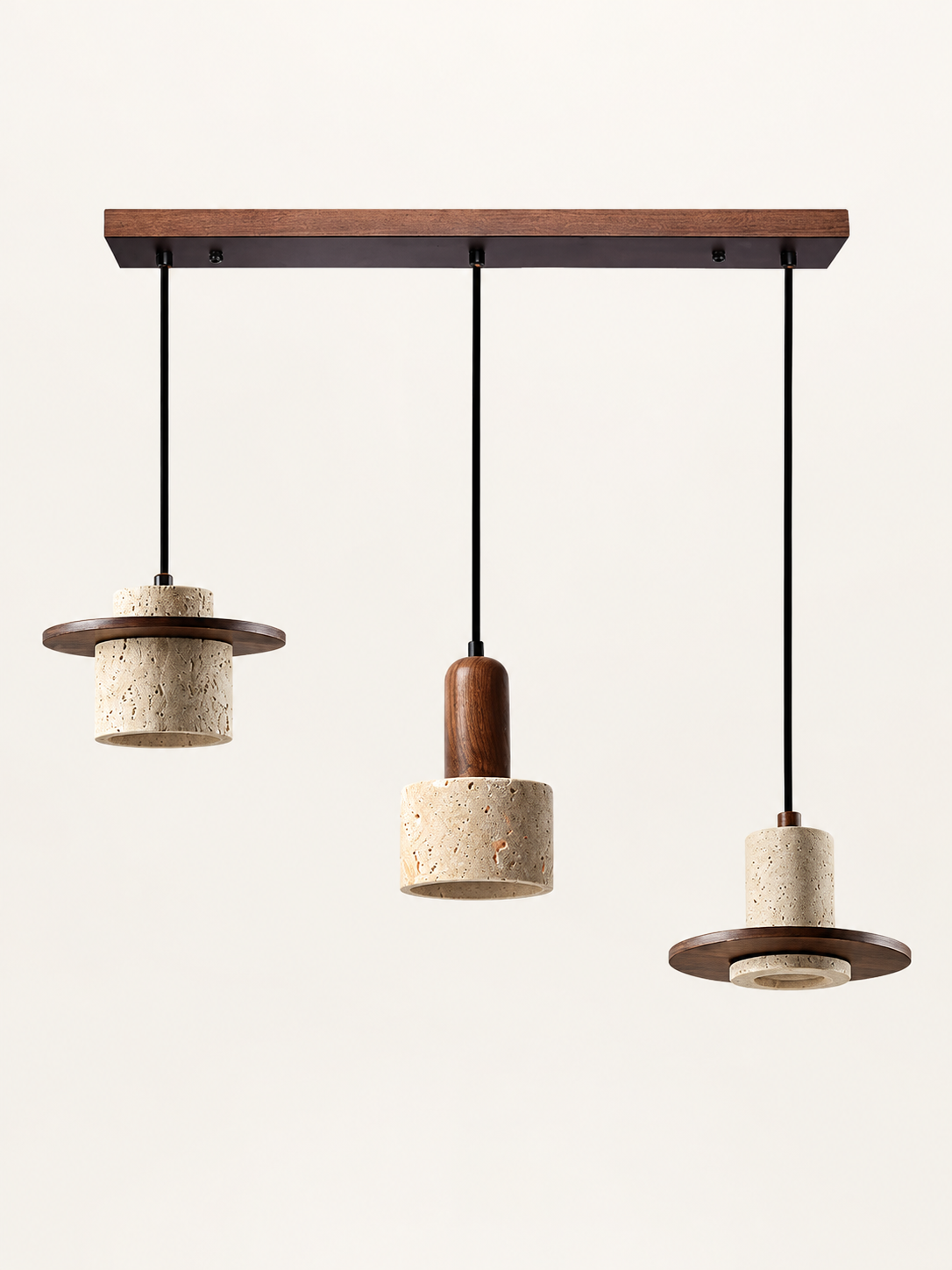 Travertine and wood pendant, dark walnut tone, 3-light mixed forms, linear canopy, fixture switched off