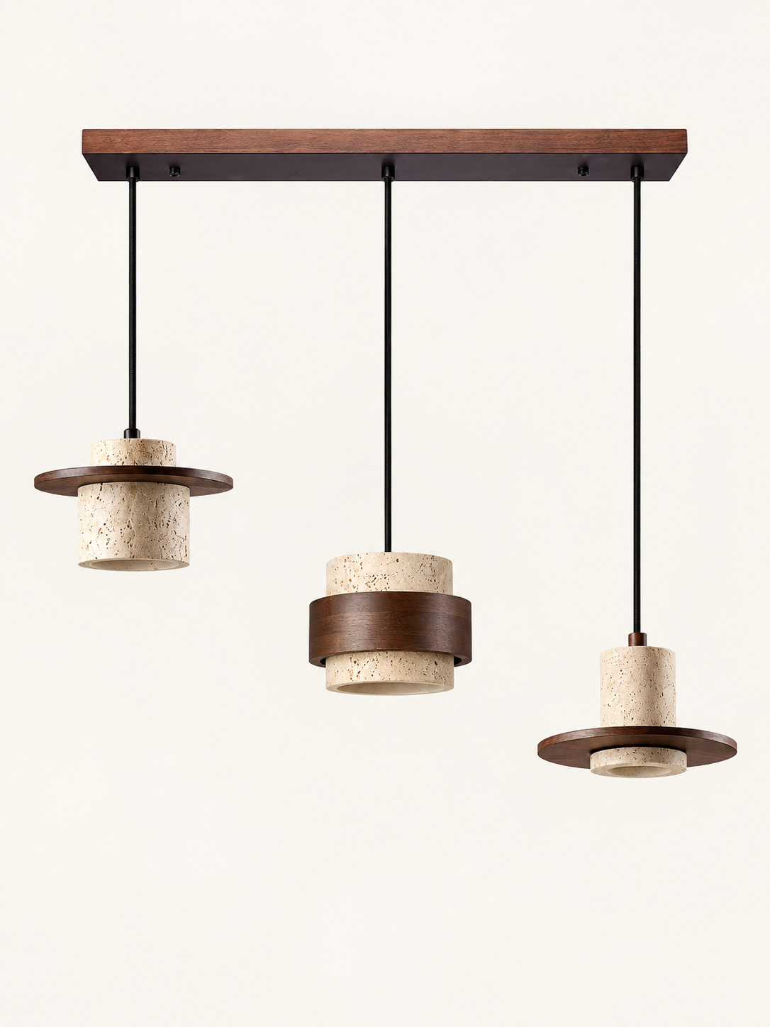 Travertine and wood pendant, dark walnut tone, 3-light mixed forms, linear canopy, fixture switched off