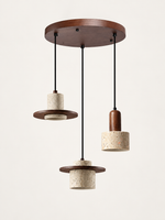 Travertine and wood pendant, dark walnut tone, 3-light mixed forms, round canopy, fixture switched off
