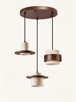 Travertine and wood pendant, dark walnut tone, 3-light mixed forms, round canopy, fixture switched off