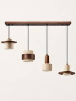 Travertine and wood pendant, dark walnut tone, 4-light mixed forms, linear canopy, fixture switched off