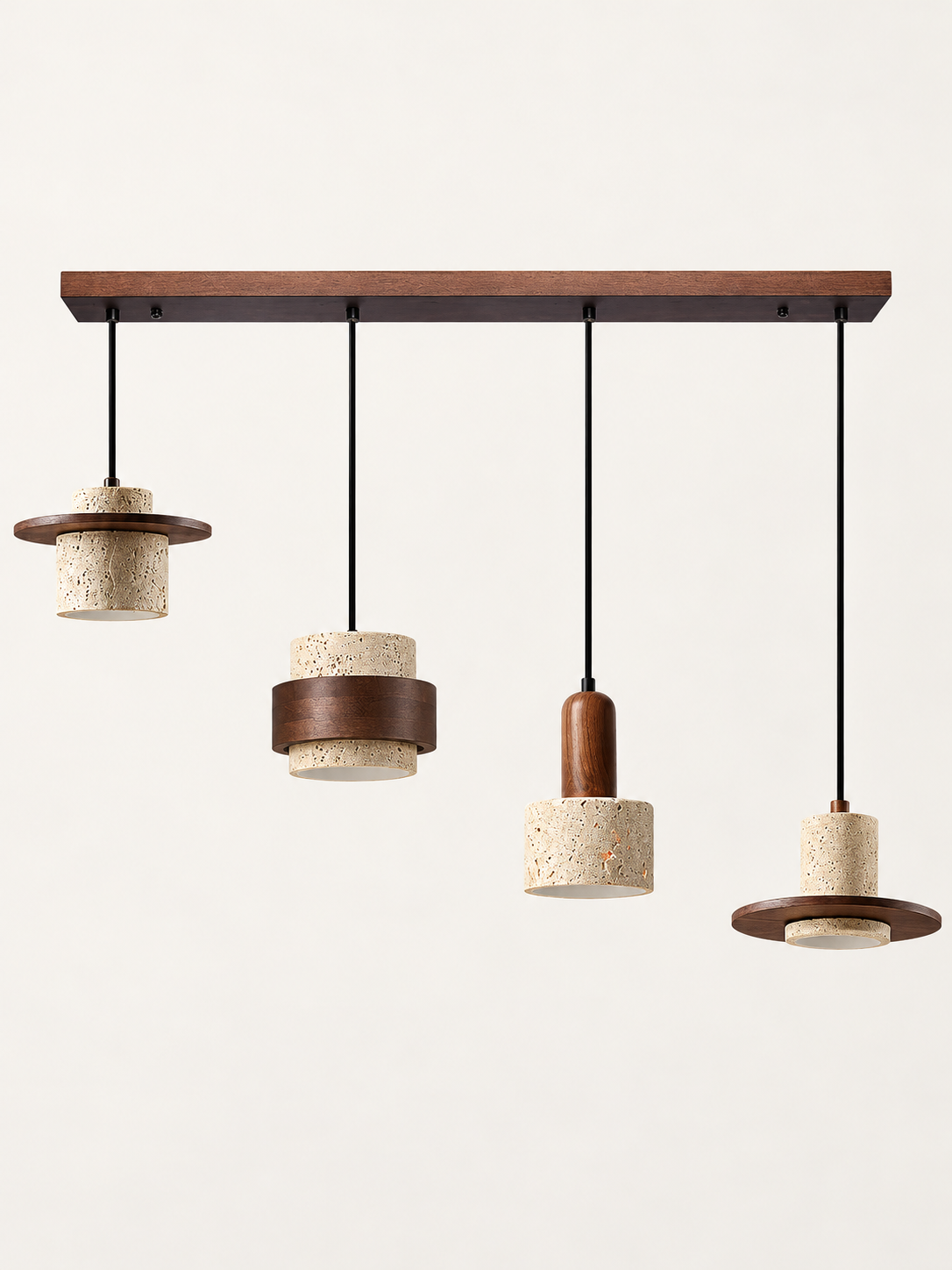 Travertine and wood pendant, dark walnut tone, 4-light mixed forms, linear canopy, fixture switched off