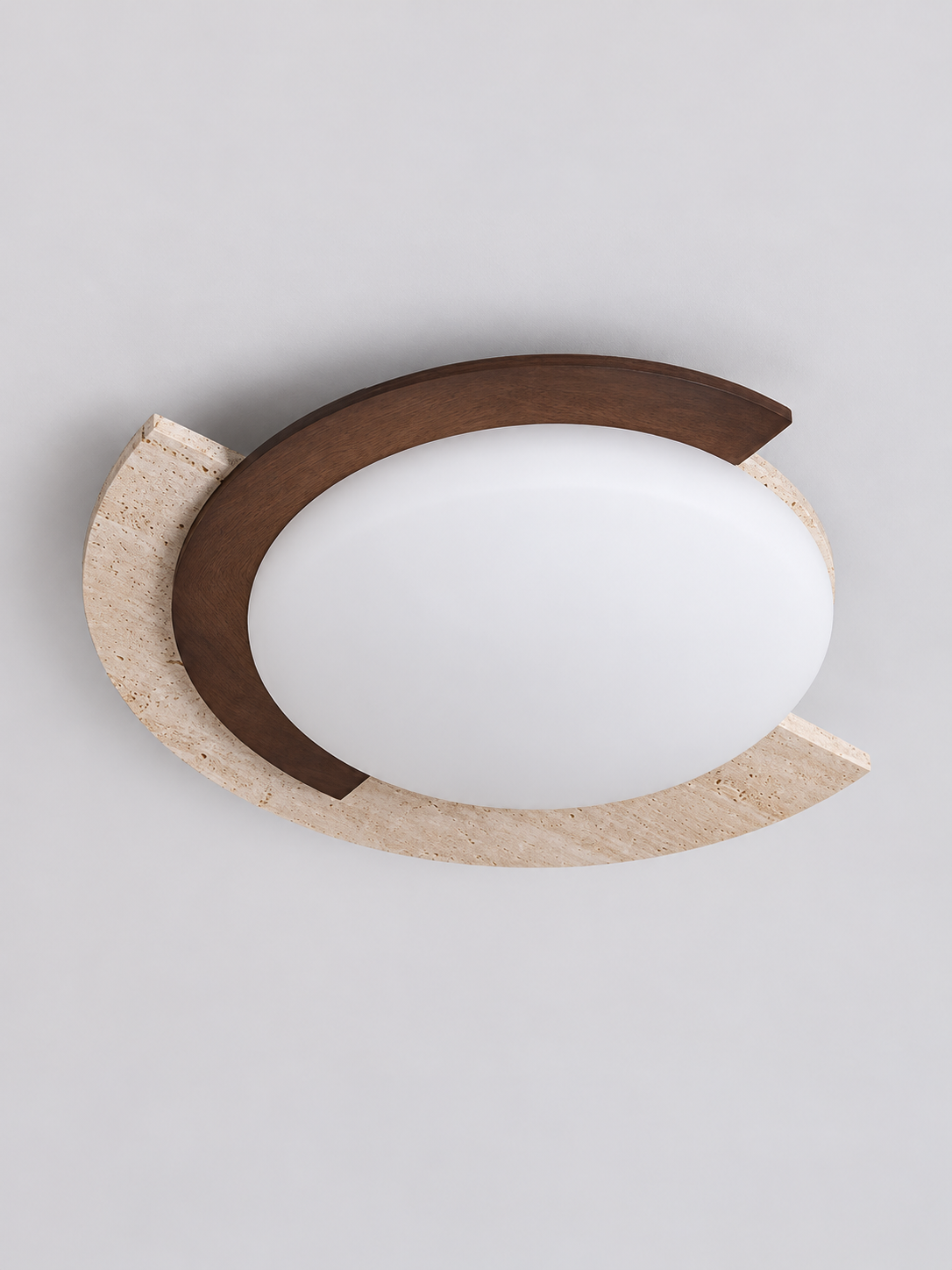 48 × 45 cm travertine and solid-wood arc ceiling light, switched off