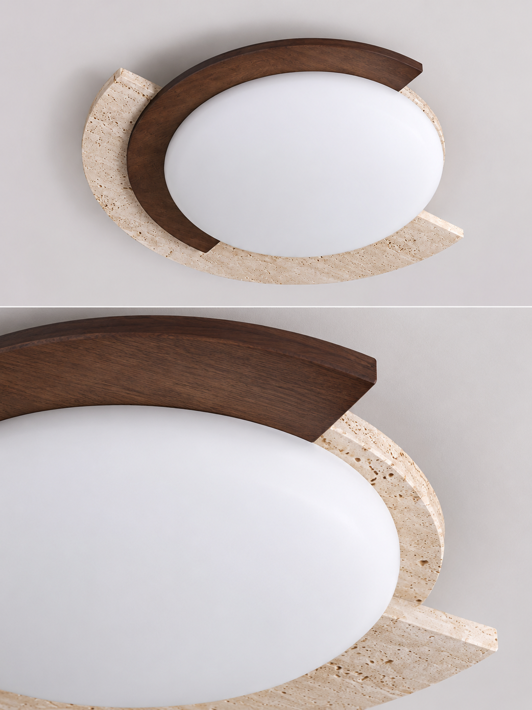 Travertine, solid-wood and white molded-plastic diffuser detail, switched off