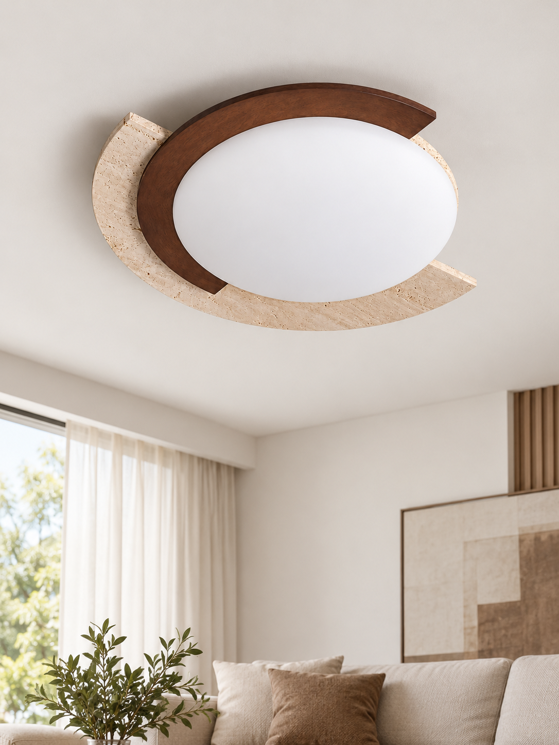 Travertine arc ceiling light in a daylight living room, switched off