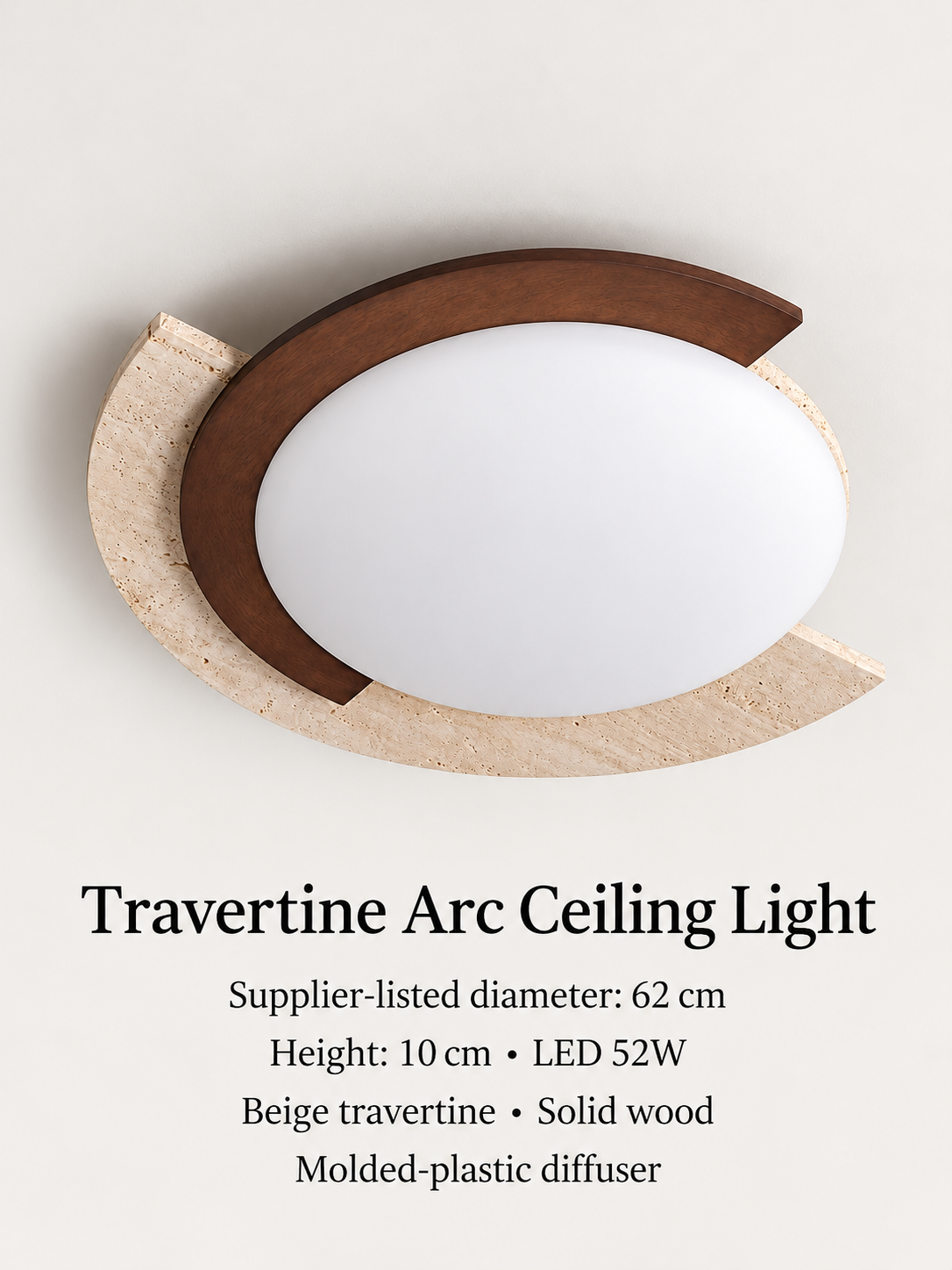 Large travertine arc ceiling light: listed diameter62 cm, height10 cm, LED52W