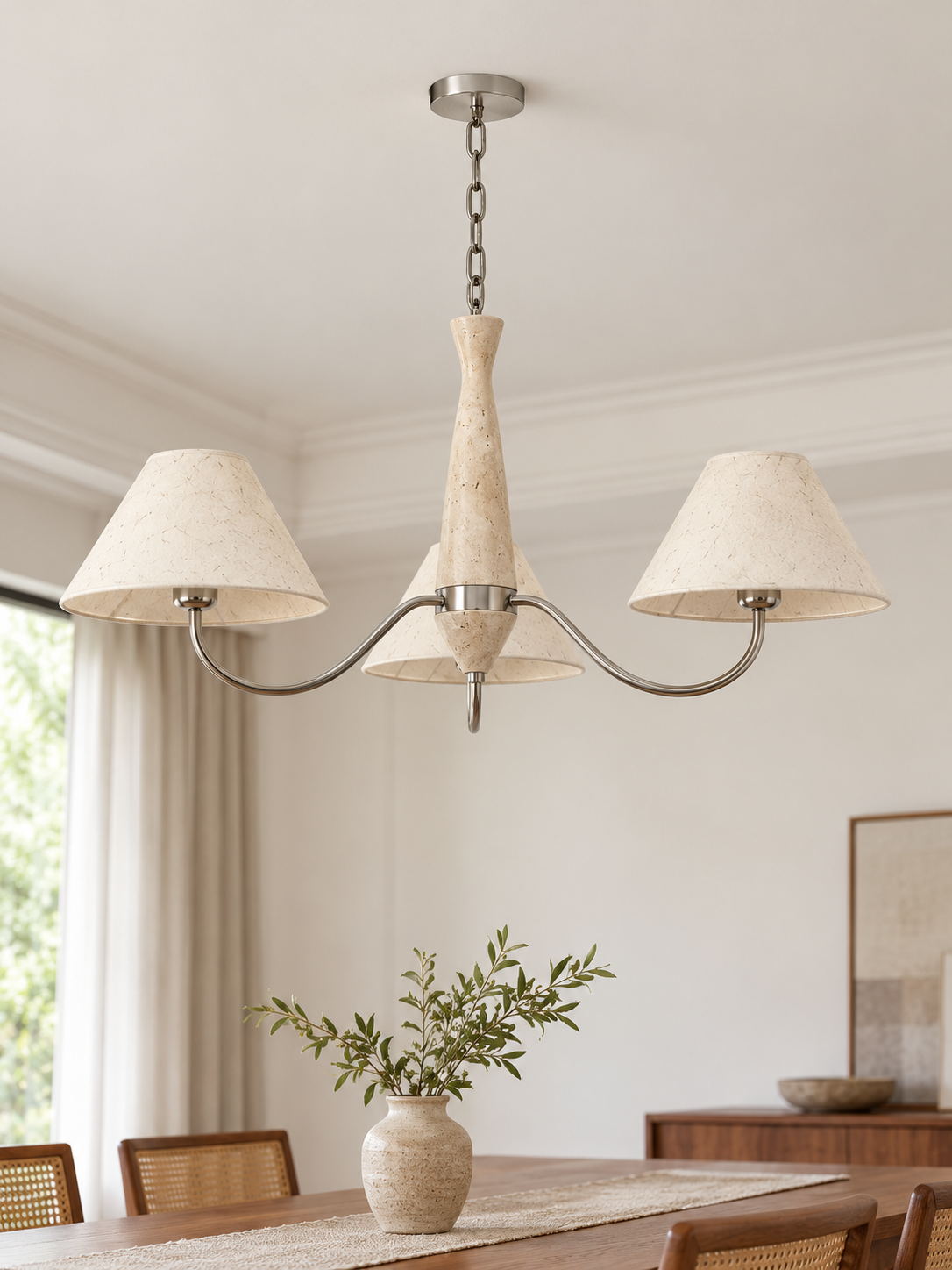 Travertine and Rice Paper Shade Chandelier — product view