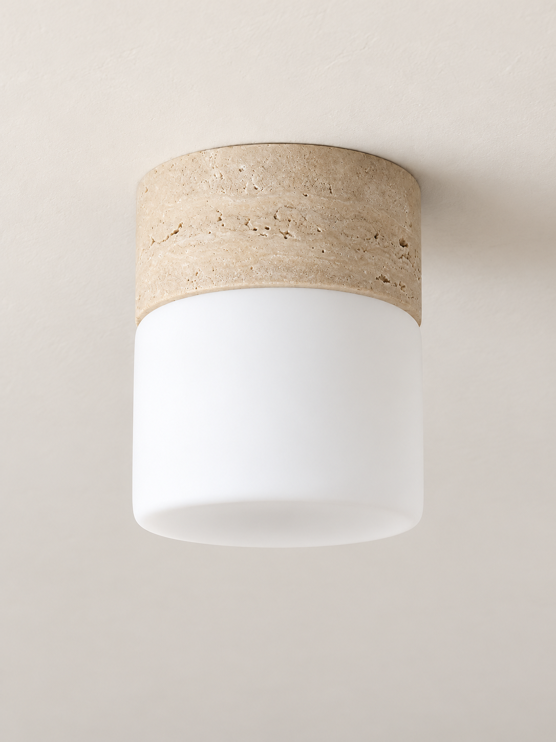 Travertine and Glass Cylinder Ceiling Light, Cream Travertine, shown unlit — image 1