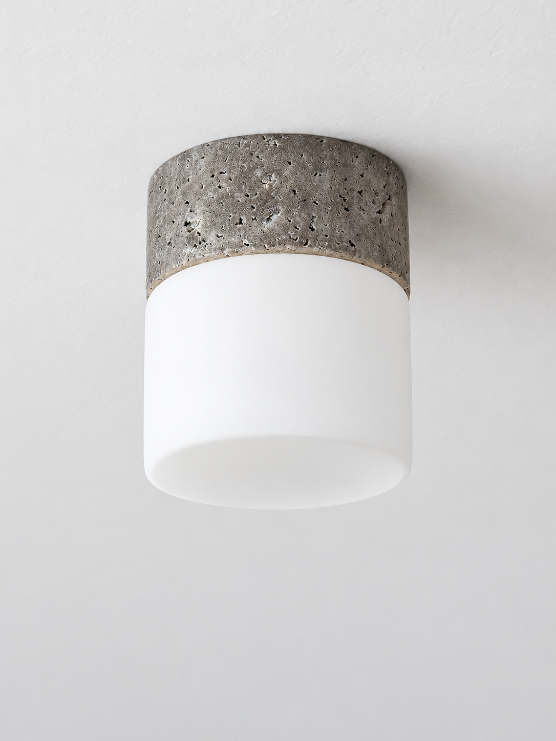 Travertine and Glass Cylinder Ceiling Light, Silver Gray Travertine, shown unlit — image 2