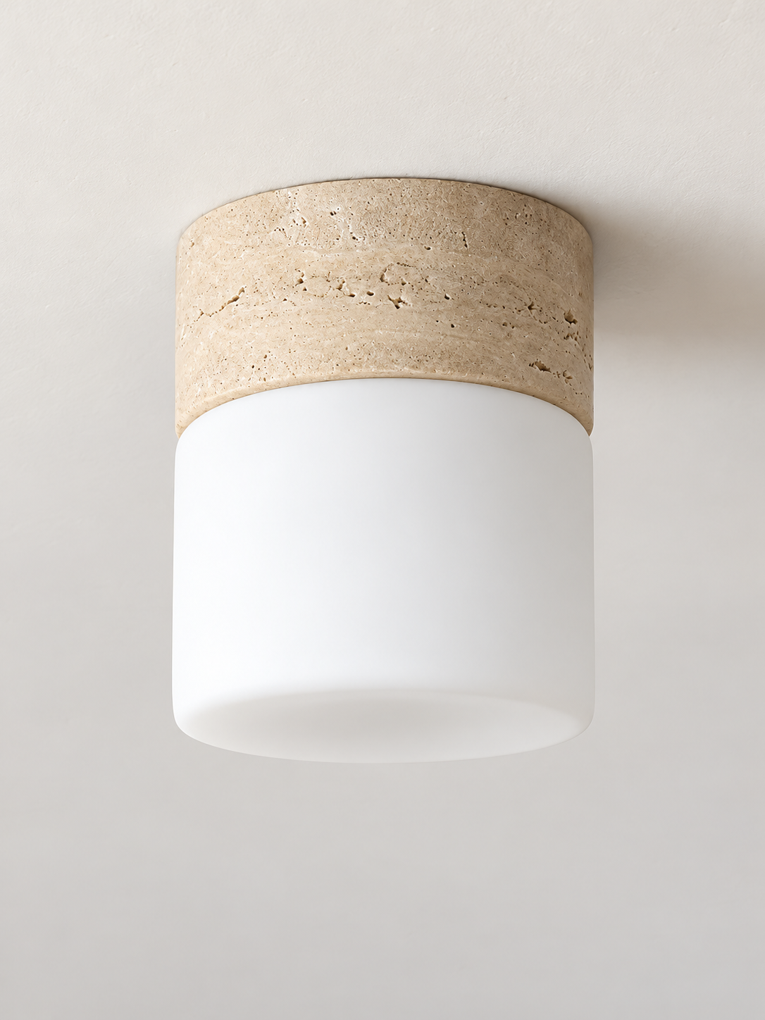 Travertine and Glass Cylinder Ceiling Light, Cream Travertine, shown unlit — image 3
