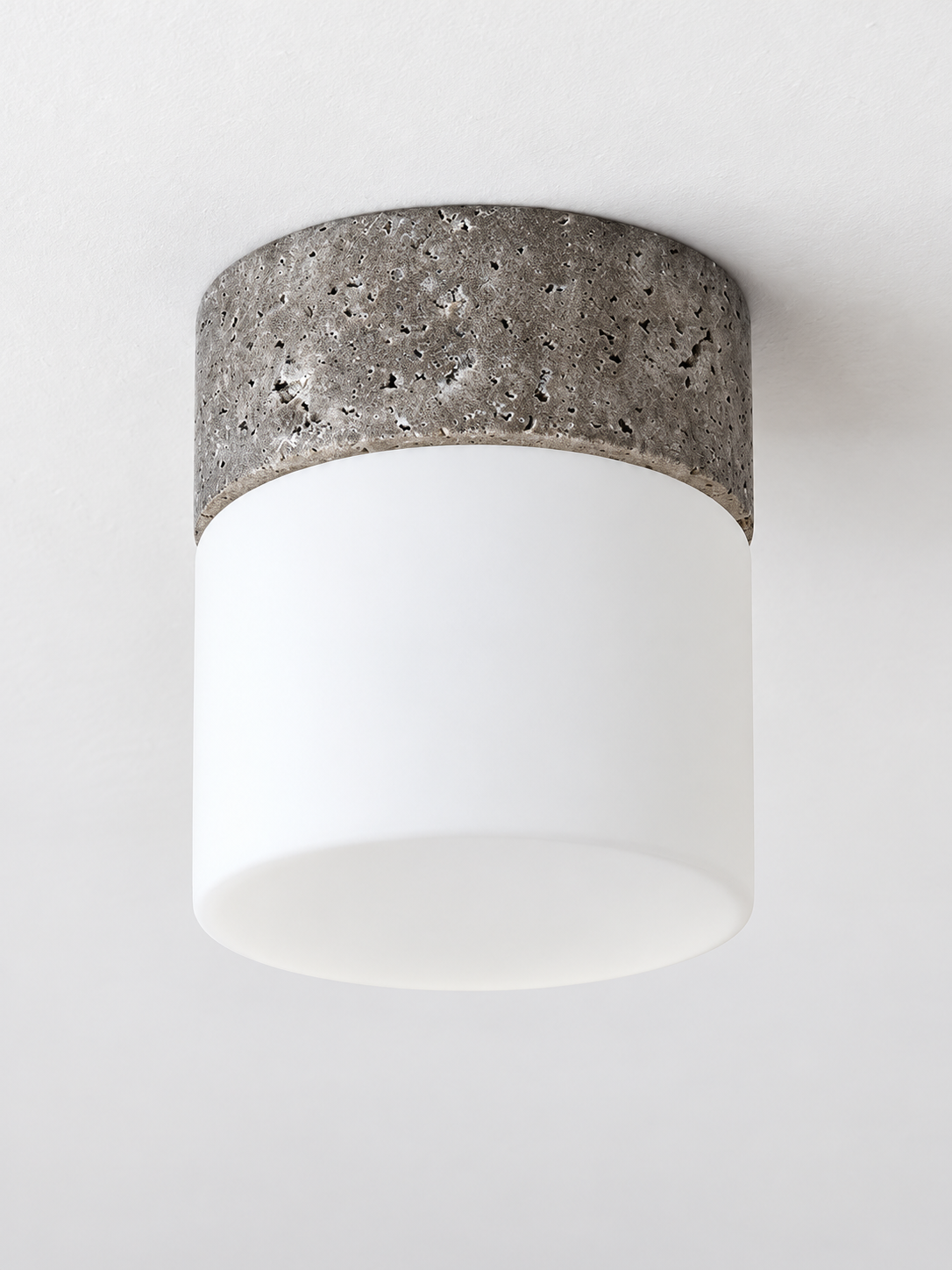 Travertine and Glass Cylinder Ceiling Light, Silver Gray Travertine, shown unlit — image 4