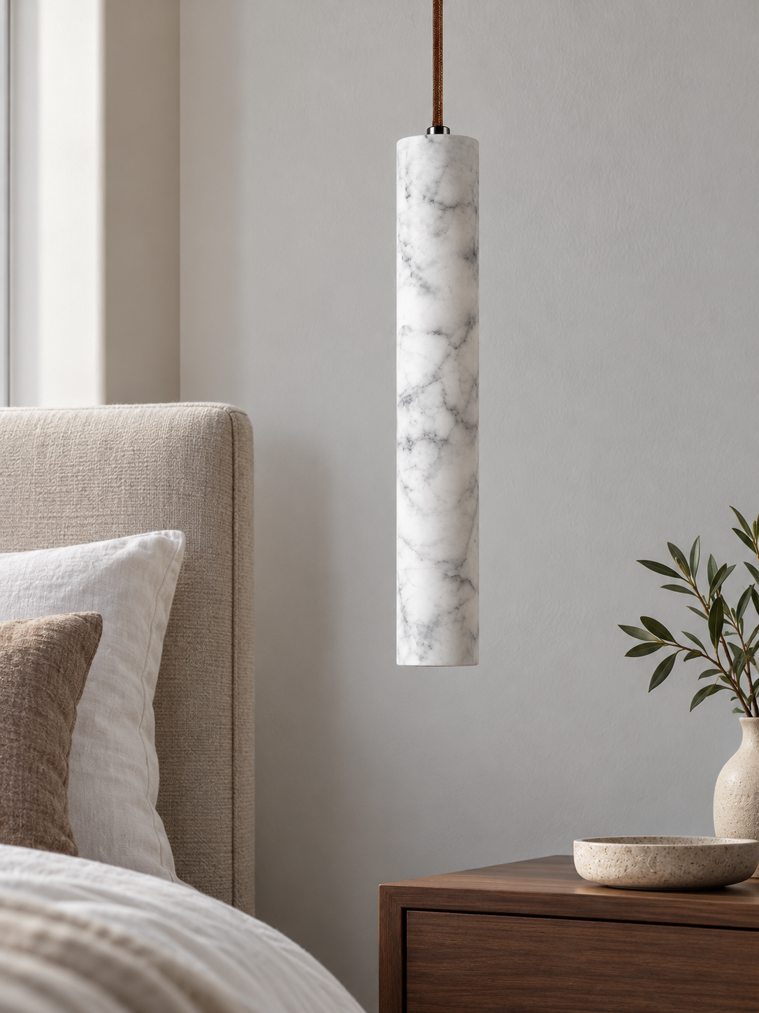 White Marble Tube Pendant with Wood Canopy — product view
