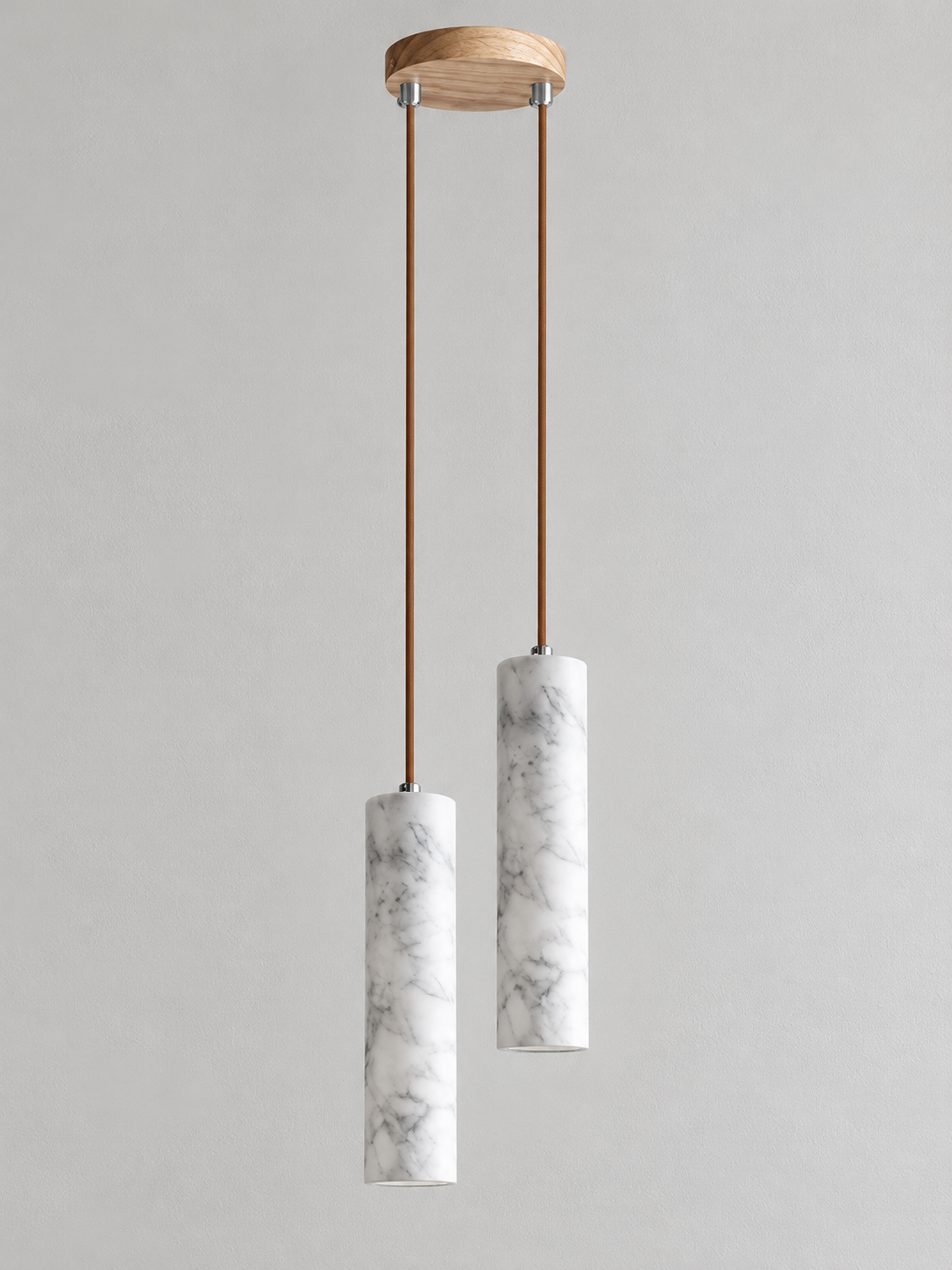 White Marble Tube Pendant with Wood Canopy — product view