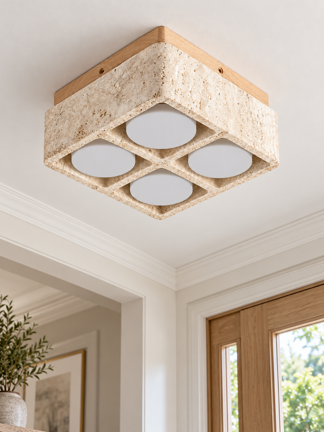 Travertine Block Ceiling Spotlights with Wood Mount — product view