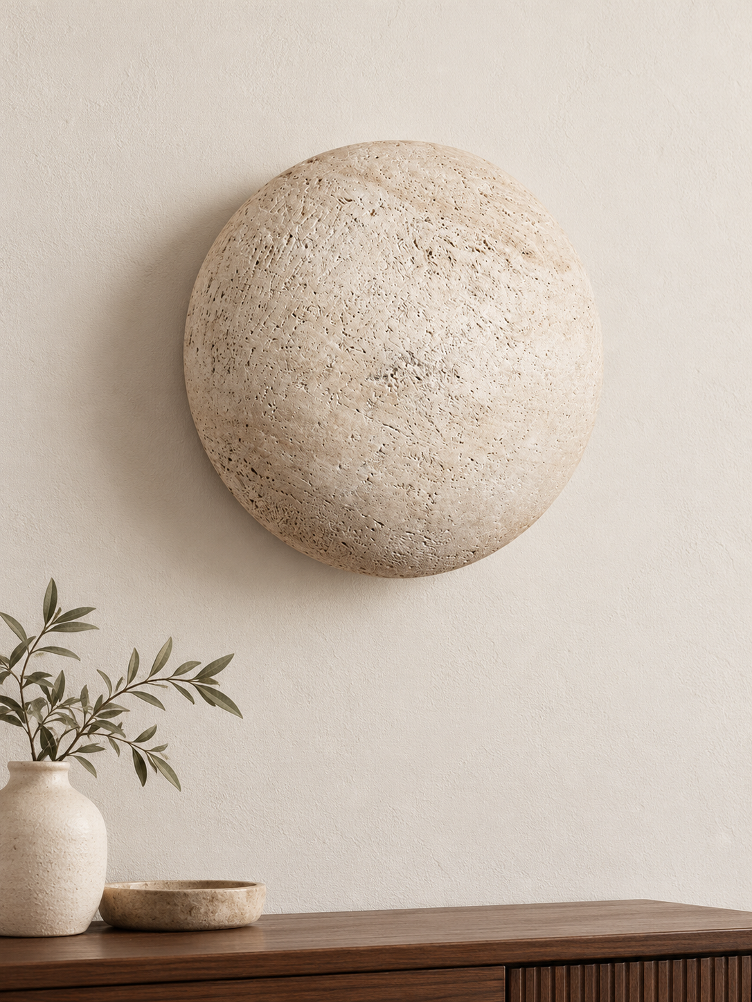 Round Travertine Dome Wall Sconce, off-white travertine, shown unlit – image 1