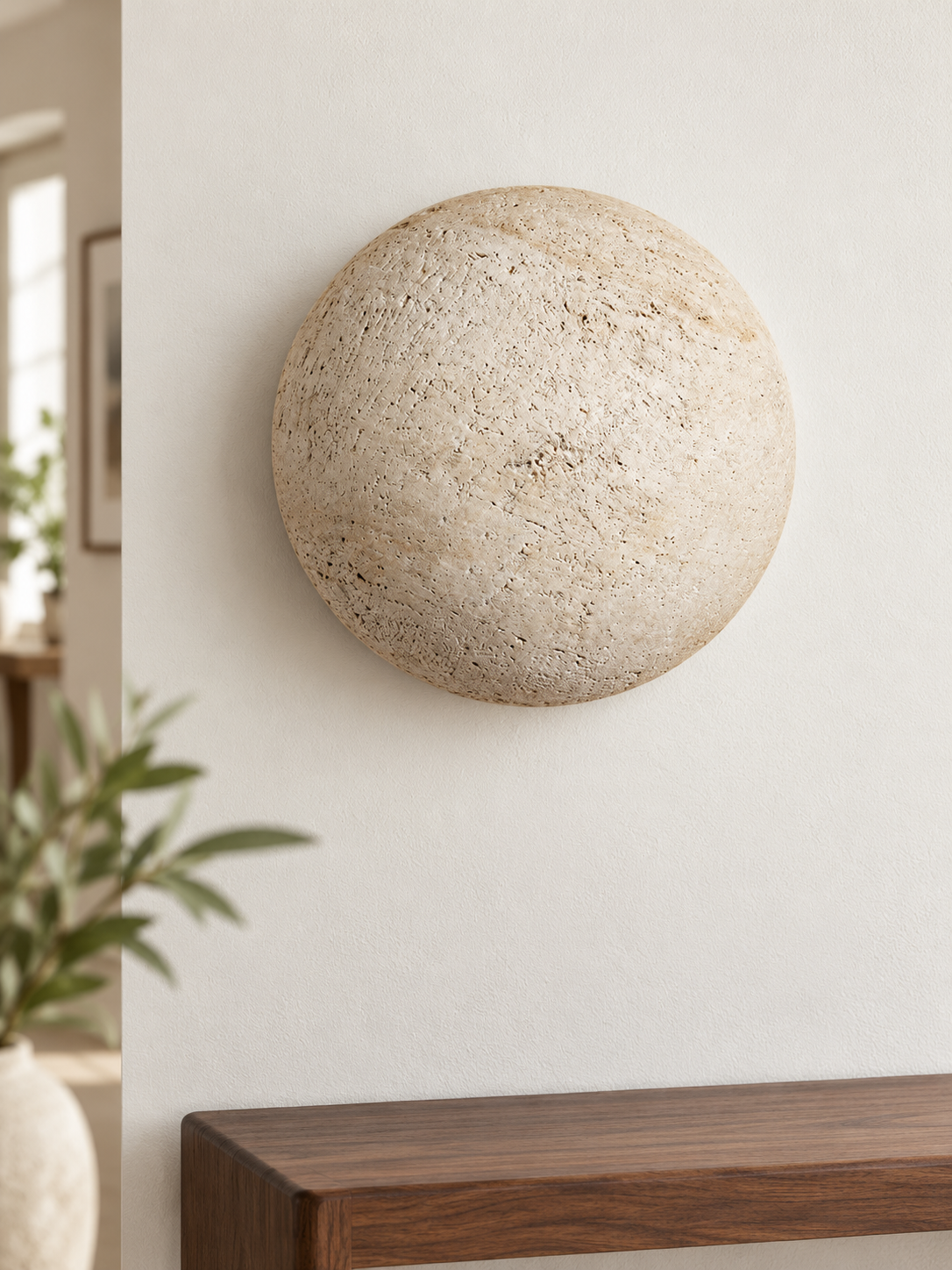 Round Travertine Dome Wall Sconce, off-white travertine, shown unlit – image 4