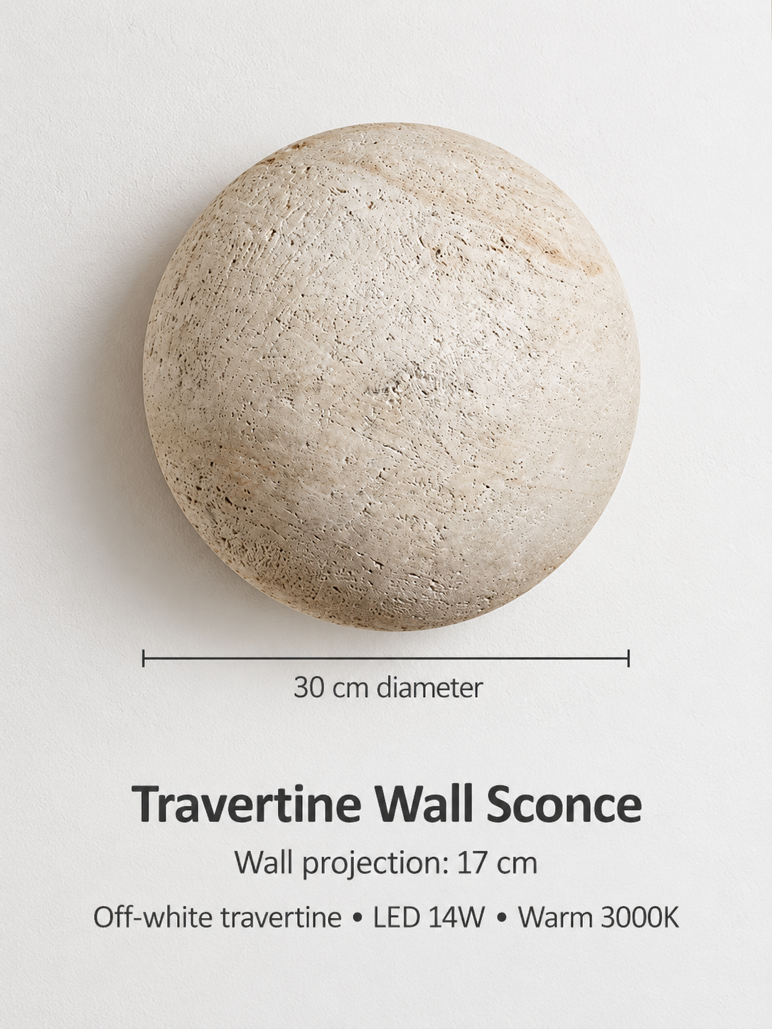 Round Travertine Dome Wall Sconce, off-white travertine, shown unlit – image 5