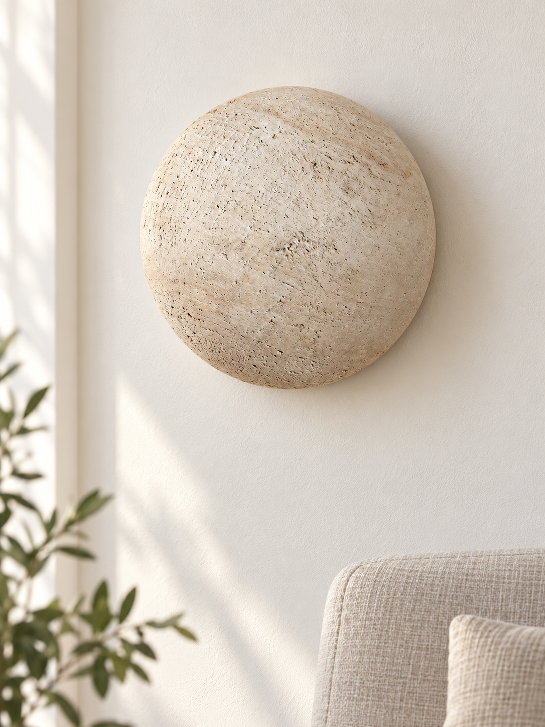 Round Travertine Dome Wall Sconce, off-white travertine, shown unlit – image 6