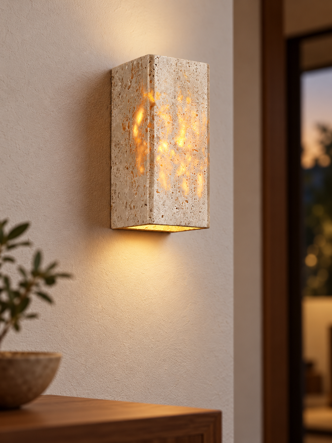 Travertine Block Wall Sconce, A form, warm light on – image 5