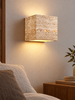 Travertine Block Wall Sconce, B form, warm light on – image 6